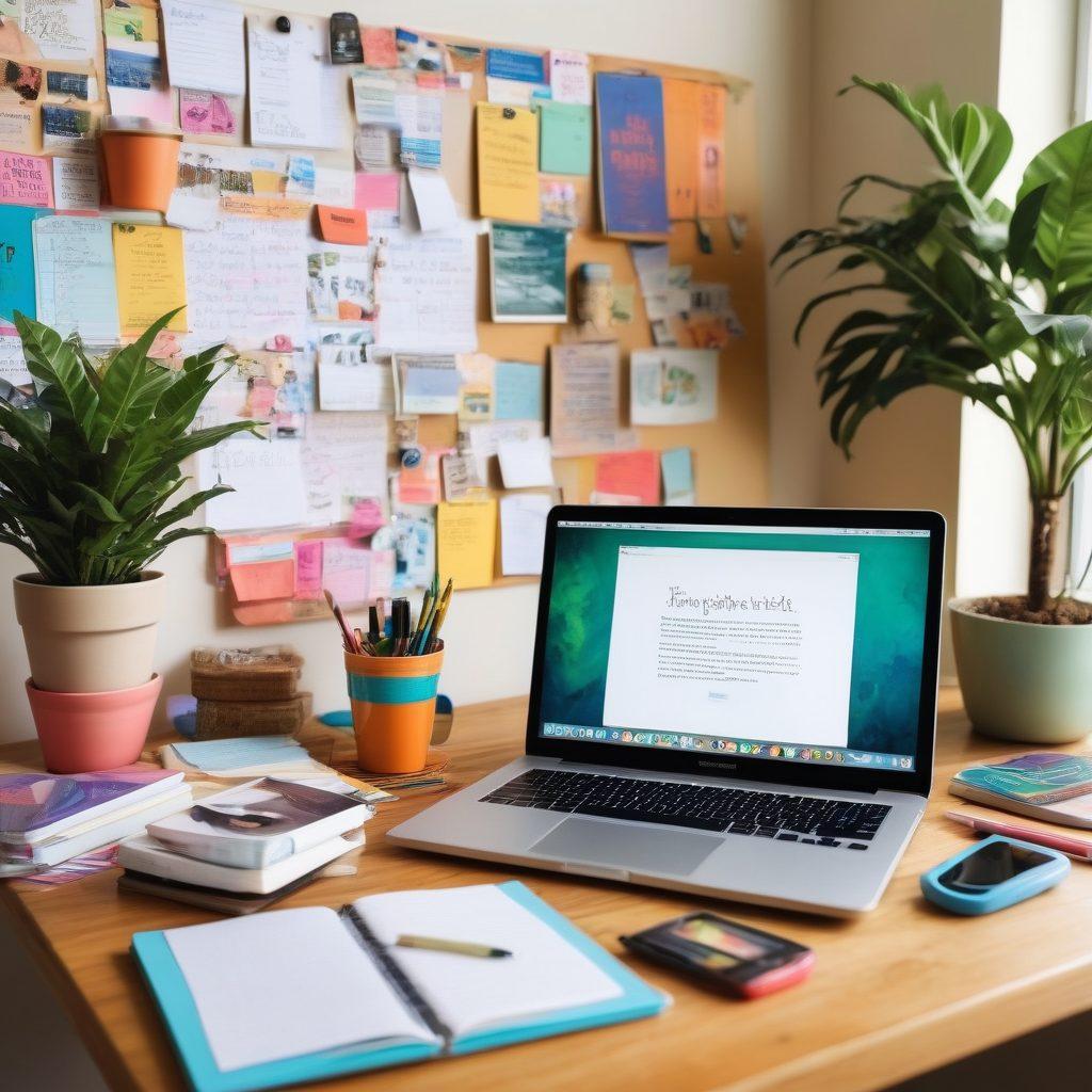 A vibrant workspace filled with colorful notebooks, art supplies, and a laptop displaying a blog editing interface. Surrounding elements like inspirational quotes on the wall, a steaming cup of coffee, and a plant for a touch of nature. The scene conveys creativity and the joy of writing, with bright, inviting colors. super-realistic. vibrant colors. cozy atmosphere.