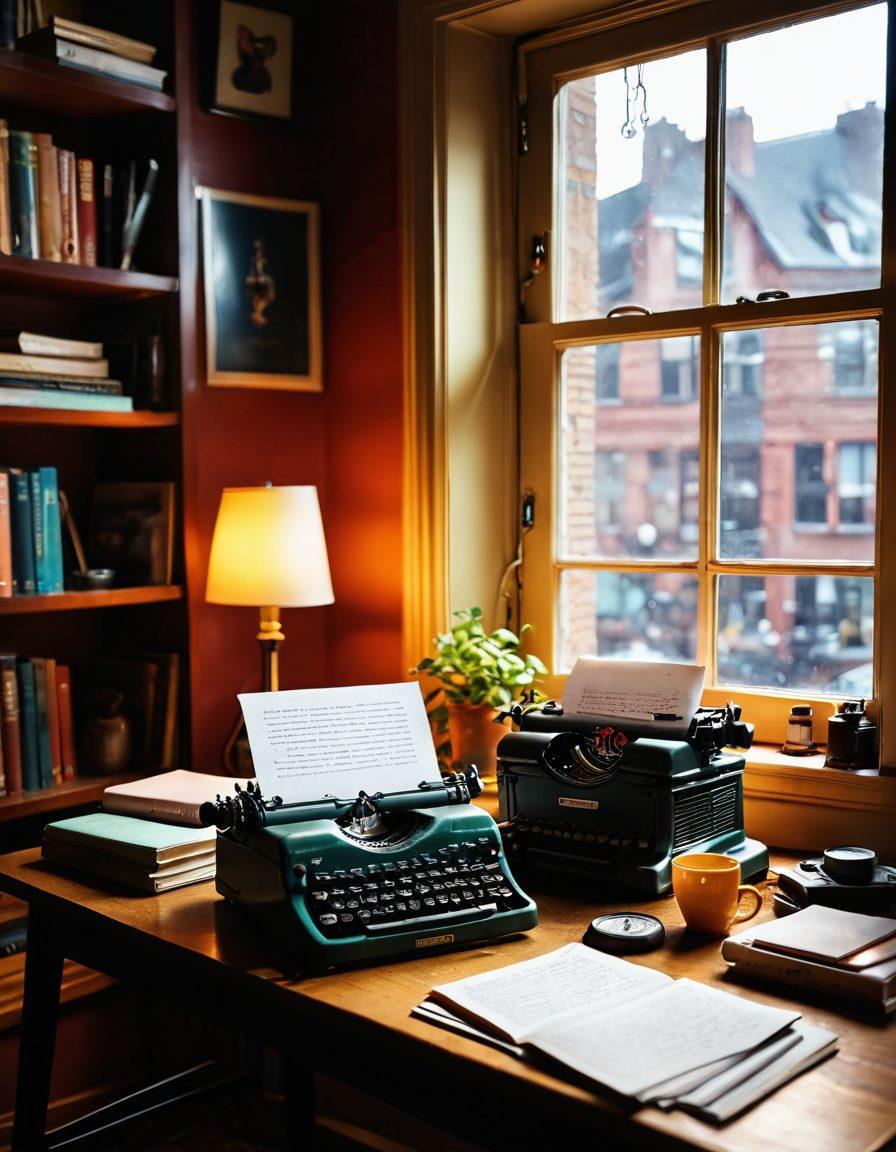 A creative workspace filled with colorful notebooks, a vintage typewriter, and a glowing laptop screen displaying a visual of a blog interface. Ethereal icons of social media and writing tools float around the scene, symbolizing digital engagement. Natural light streams in through a window, casting inspiring shadows on the desk. The atmosphere combines a sense of modernity and nostalgia, representing the blend of past and present in content creation. super-realistic. vibrant colors. warm tones.