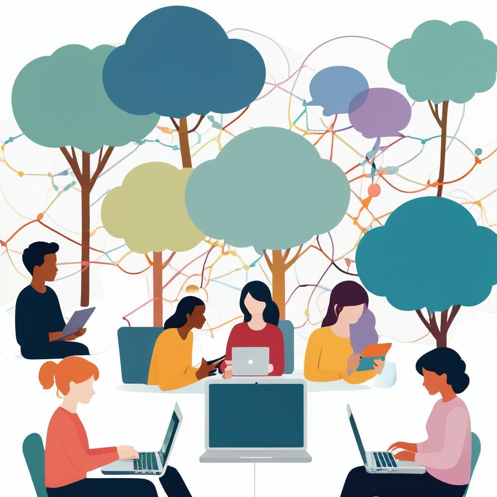 An inviting and vibrant digital landscape filled with diverse readers engaging with content through laptops and tablets, surrounded by speech bubbles representing discussion and ideas. Illustrate a sense of community with interconnected lines symbolizing network connections among bloggers and readers. Soft pastel colors to evoke warmth and friendliness, creating a wholesome community atmosphere. vector art. colorful. white background.